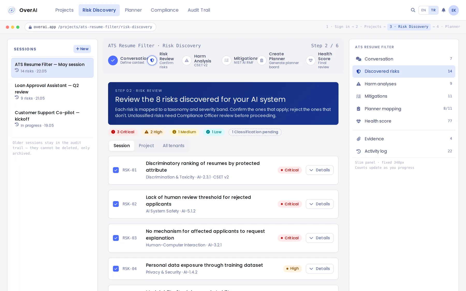 OverAI risk review screen: every risk listed with its taxonomy code, domain and severity band